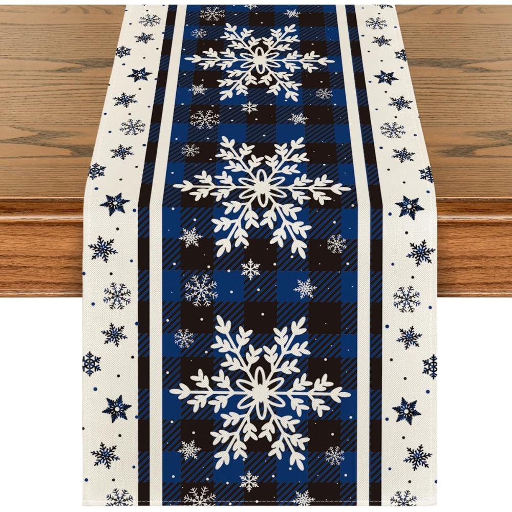 Artoid Mode Buffalo Plaid Snowflakes Christmas Table Runner, Seasonal Winter Kitchen Dining Table Decoration for Home Party Decor 13x72 Inch
