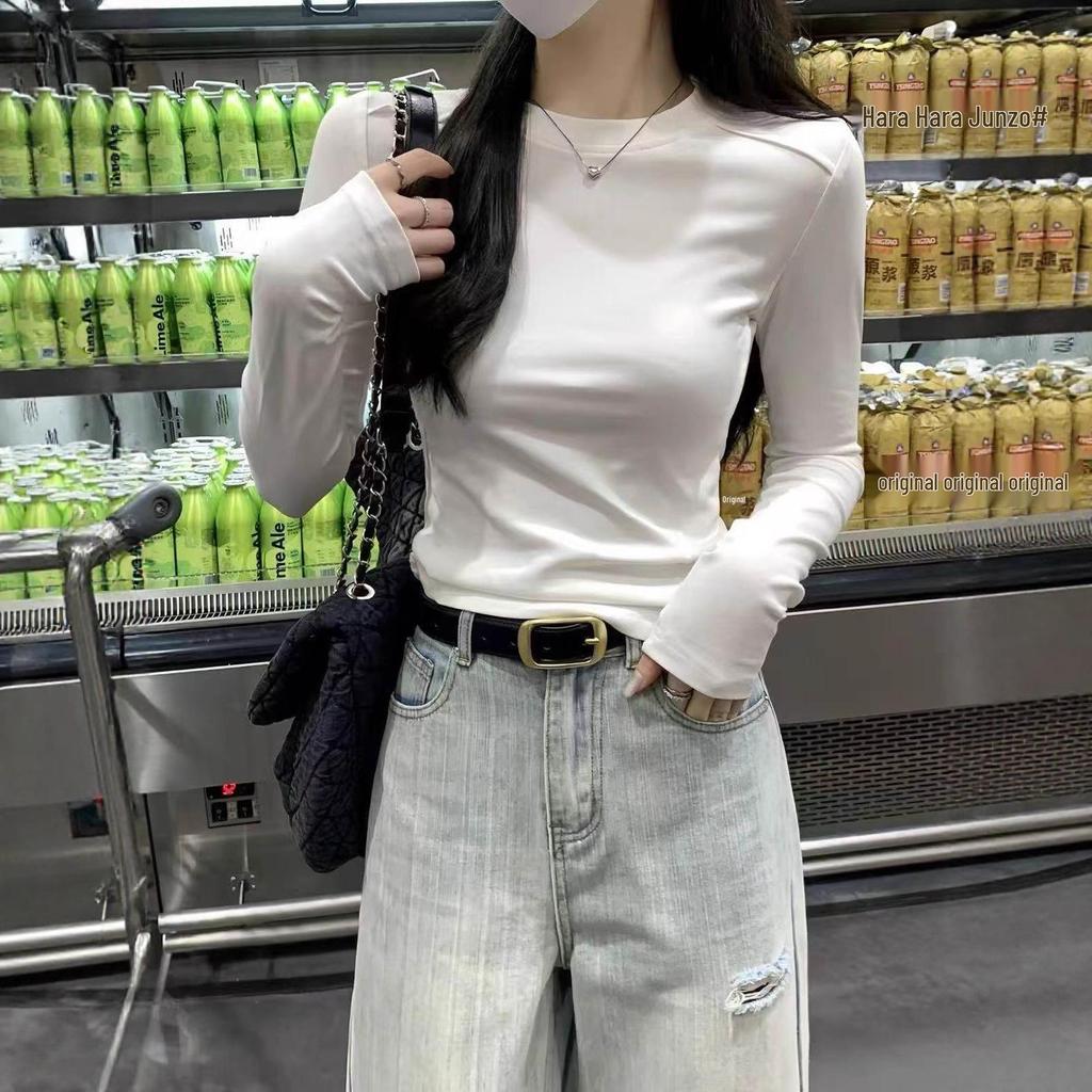 2025 Autumn Women's Round Neck Fishbone Shoulder Slimming Long Sleeve Top