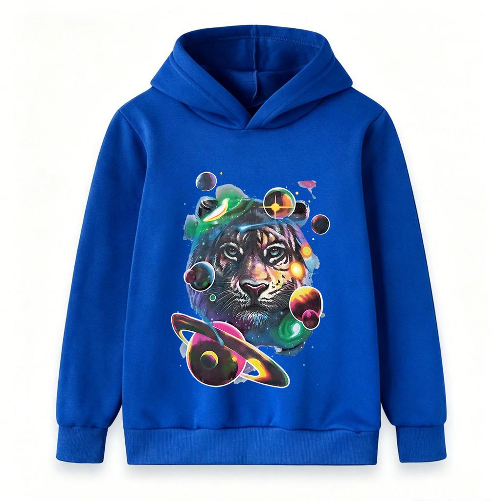 Kids Boys Girls Pullover Hoodie, Psychedelic Galaxy Tiger Print Casual Warm Long Sleeve Hooded Sweatshirt with Space Planets Pattern for Children Dail