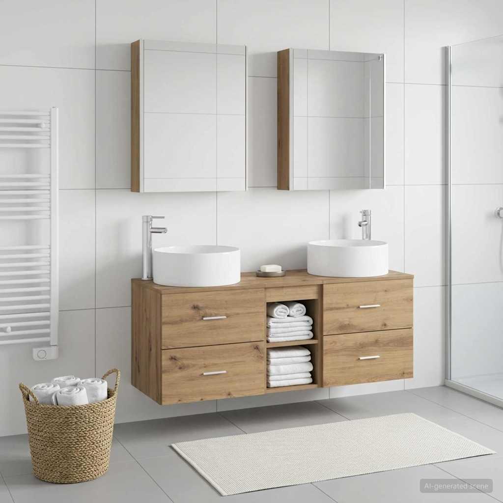 5 Piece Bathroom Furniture Set Artisan Oak Engineered Wood & Glass