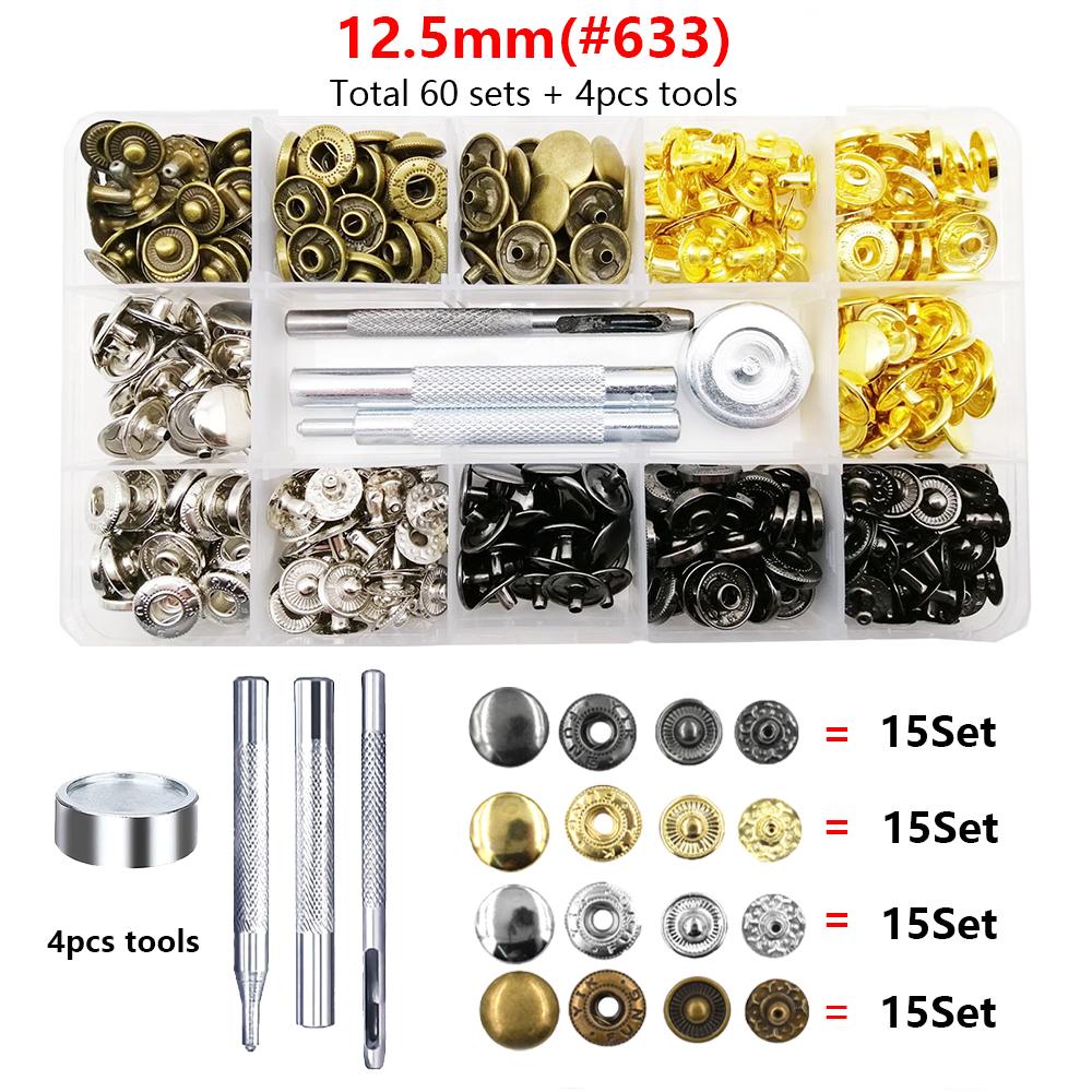 60/100 sets 10mm 12.5mm 15mm Metal Snap Fastener Button Press Popper With Tool Leather Bag Clothes Jacket Repair Assortment Kit