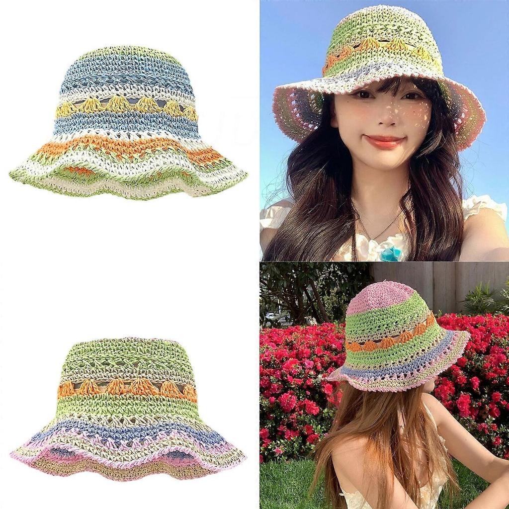 Rainbow Color Sun Hat Holiday Spring Weaving Straw Hat Woman Commutes Camping Taking Photo Handmade Beach Hat for Girl Green