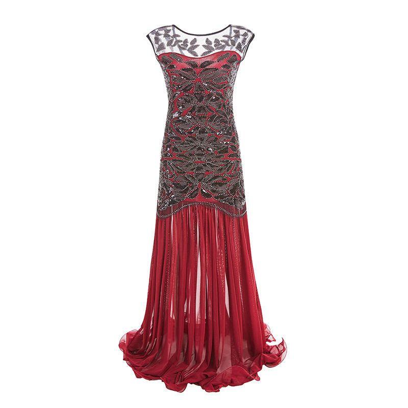 1920S Vintage Evening Gown with Sequins, Beading, Mesh, and Ruffled Hem, Floor-Length Dress