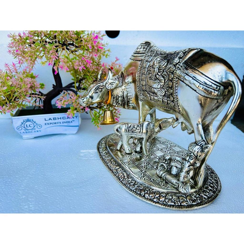 Handcrafted Brass Action Golden Kamdhenu Cow with Calf,Vastu Gau MATA Idol,Spiritual Vastu Nandi Pooja Figurine Sculpture
