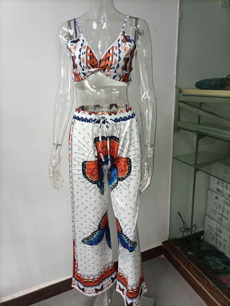 2025 Sommer Damen Europäischer & Amerikanischer Print Bandeau Weite Hosen Zweiteiliges Set