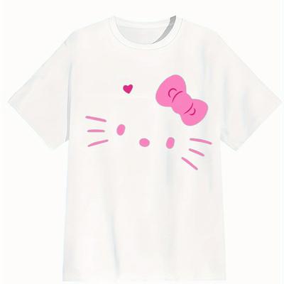 Miniso Sanrio Rayas Rosas Hello Kitty Estampado Manga Corta Verano 2025 Nuevo Camiseta para Mujer Moderna Holgada Casual Versátil Top
