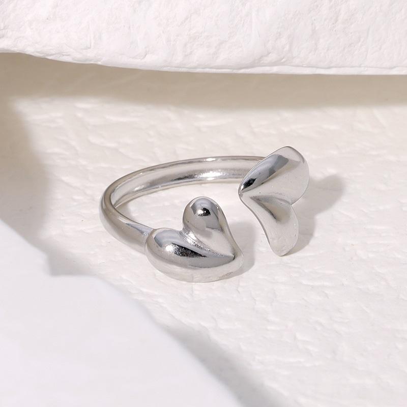 

Stainless Steel Double Heart-shaped Open Rings For Men Women Simple Metal Hollow Irregular Line Ring Waterproof Zircon Gifts