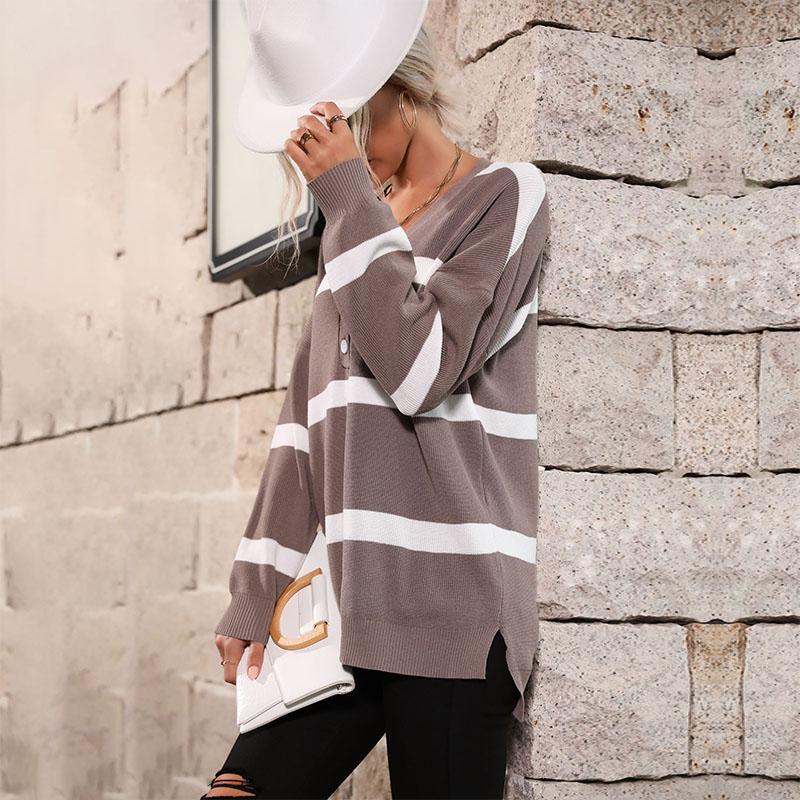 YYFS Damenmode, lässig, Frühling und Herbst, Streifendruck, langärmelig, V-Ausschnitt, Blusen und Hemden