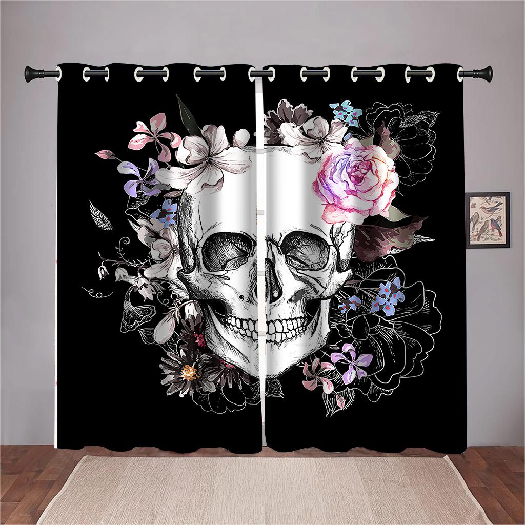 Window Curtains for Living Room, 3D, Cheap, Sexy, Valentine's Day, Rose Skull, Black, Couple, Shading, Bedroom, Home Decor