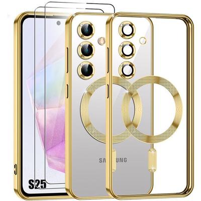 Case for Samsung Galaxy S25 - with Magnetic Ring - Gold + 2 Tempered Glasses - BOOLING®