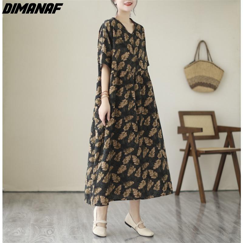 DIMANAF 2024 Plus Size Women Summer Beach Dress Vintage Lady Long Dress Loose Maxi Dress Cotton Black Printing