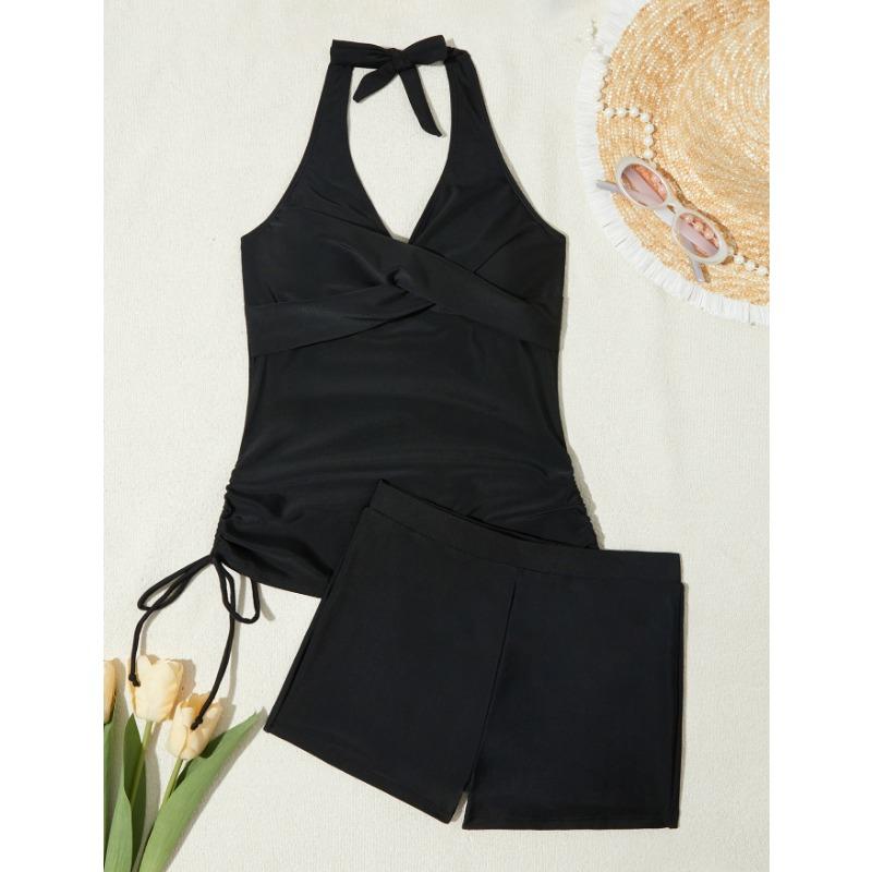 Женский Черный Комплект Танкини Халтер с Шортами Обертывающийся Перед Шнурок Двухсекционный Скромный Купальник S чёрный