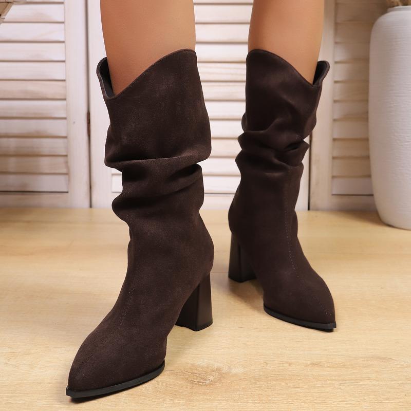 Vintage Pointed Toe High Heel Fashion Boots 2025 Winter New Plus-size Fleece Mid-top Boots for Women