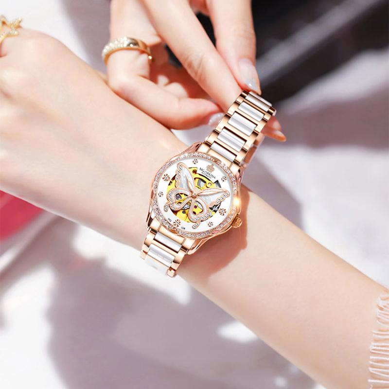 Fashion Women Mechanical Watch Waterproof Luxury Brand Ladies Automatic WristWatch Ceramic Hollow Clock