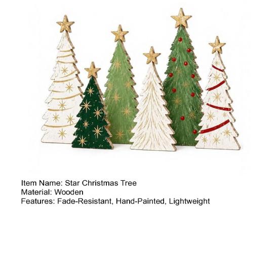 Layered Wooden Tree Ornament Sets 6Pcs Christmas Tabletop Decor Set, Rustic Star Topped Window Display Accents Mini Figurines, Farmhouse Xmas