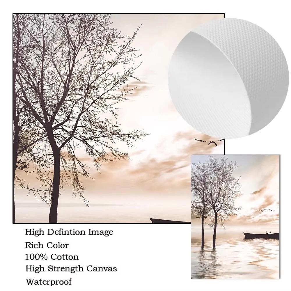 Beige Landscape Sunset Bridge Poster Seaside Canvas Print Painting Reed Flower Bird Wall Art Nordic Living Room Decoration Mural