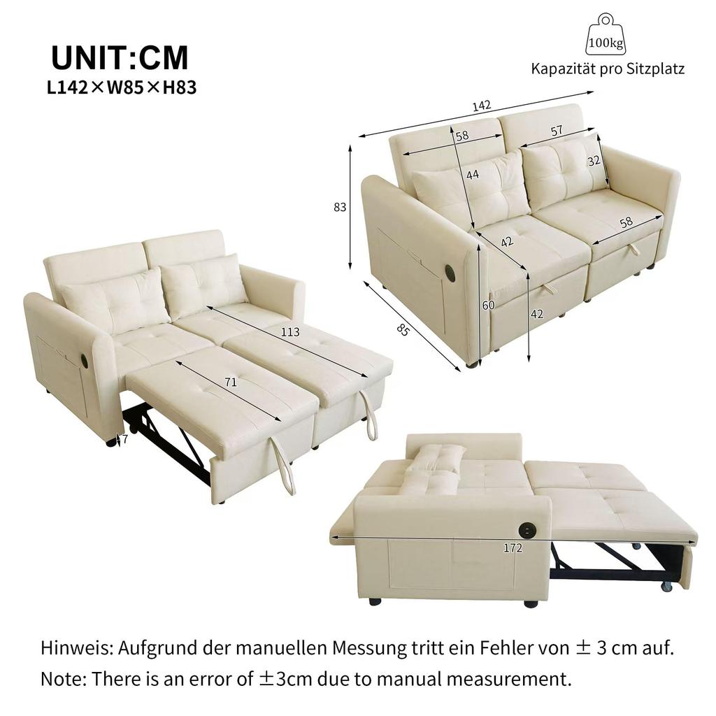 Sofa Bed with Storage Box 2-seater 3-in-1 Sofa Bed Foldable Adjustable Backrest USB Ports Armrest Pockets Beige 142x85x83 Cm