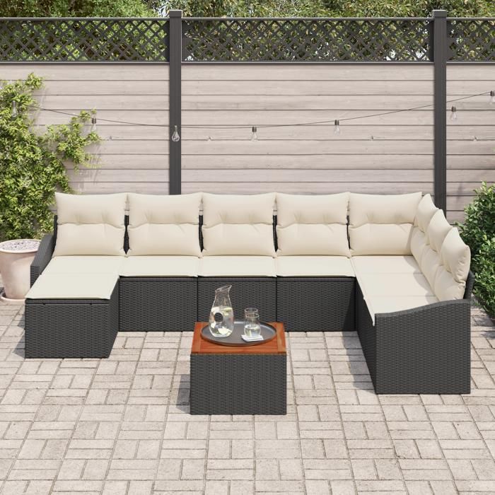 VidaXL Ensemble de canapé de jardin 9 pièces avec coussins noir en poly rattan acacia 3356535