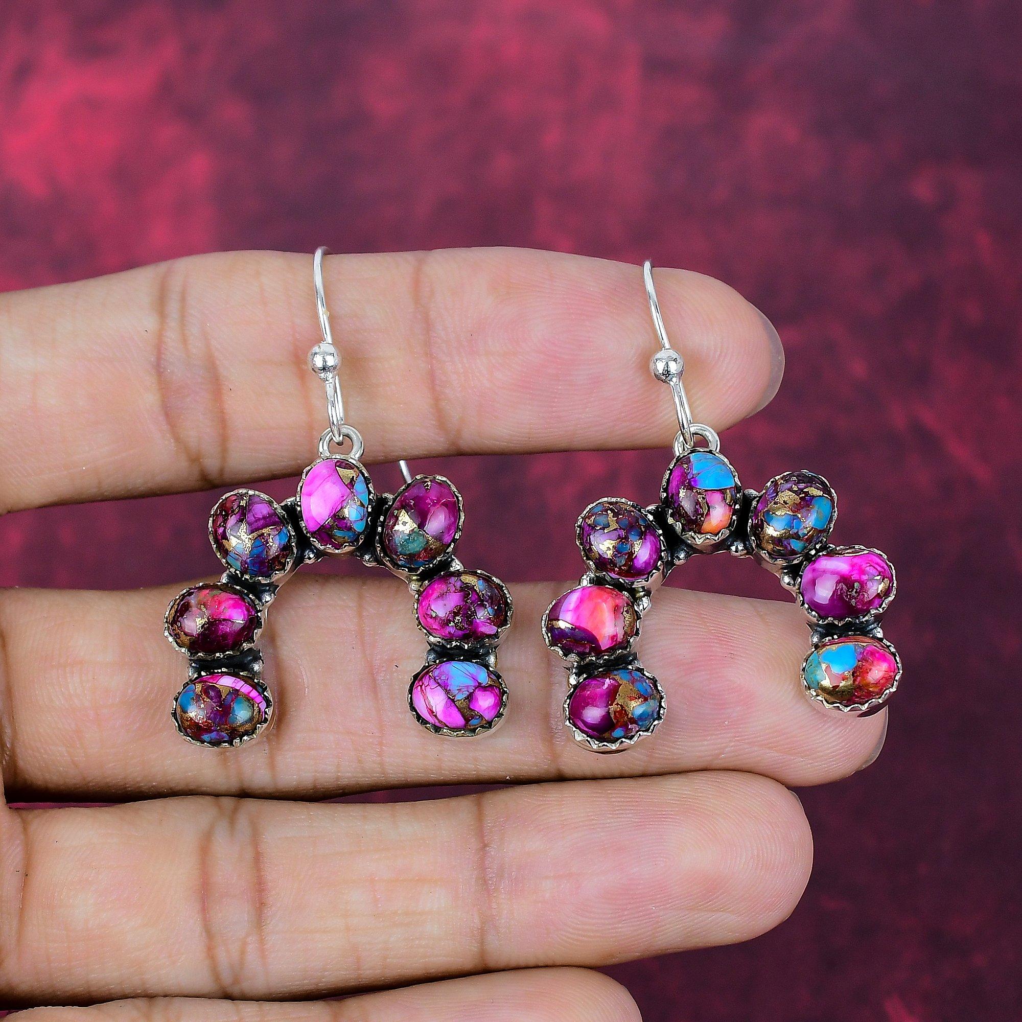 

Pink Spiny Oyster Handmade Gemstone Earrings, 925 Solid Sterling Silver Earrings Antique Jewelry, For Wedding Gift 1.77 Inches