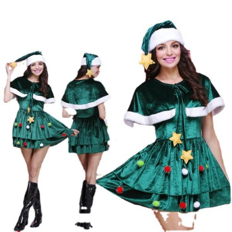 Adult Women Santa Claus Xmas Elf Green Dress Christmas Tree New Year Cosplay Costumes Performance Role Play Outfit