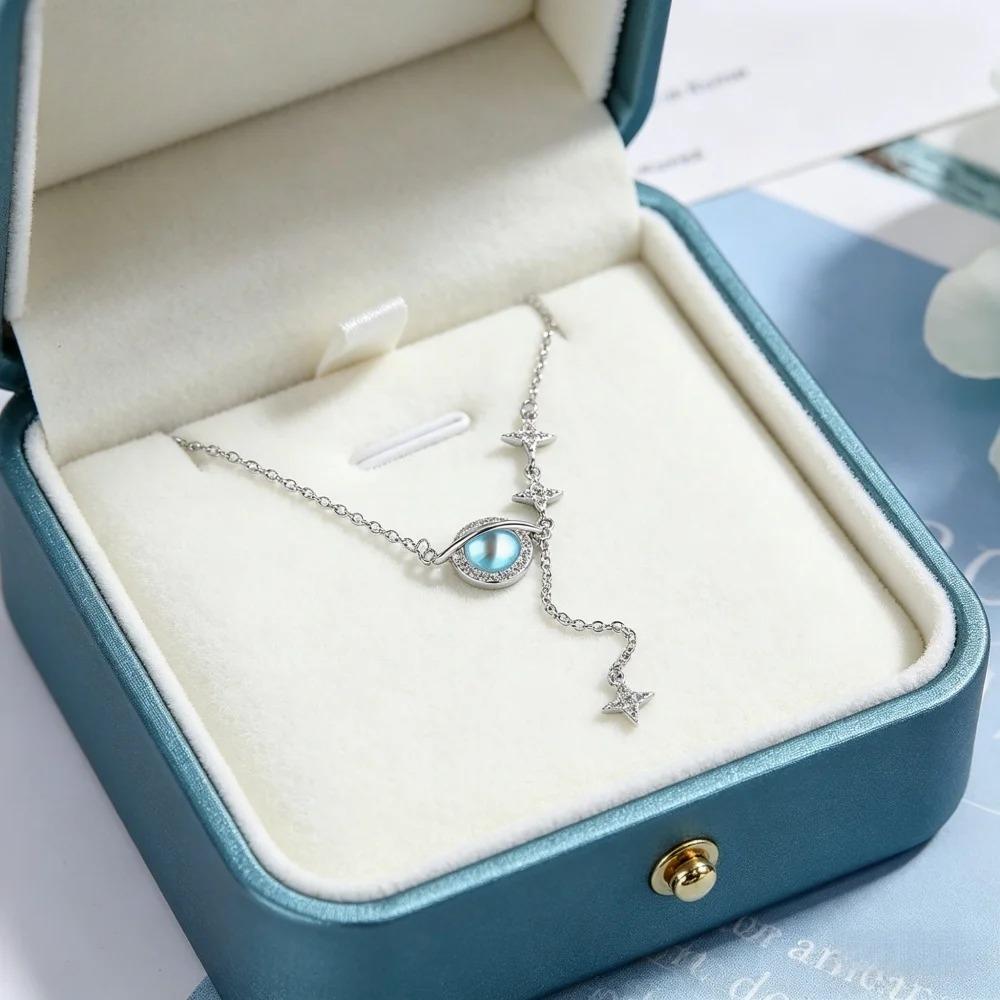 925 Sterling Silver Blue Moonstone Planet Necklace Star Tassel Chain Necklaces Fashion Jewelry for Women серебряный