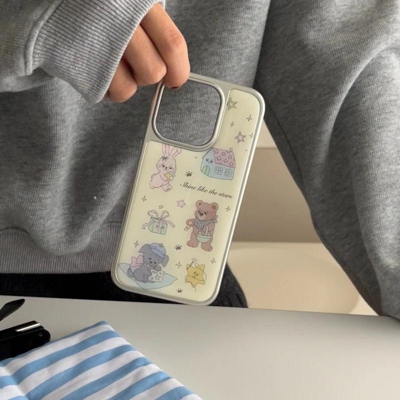Korean Star Bear Rabbit Is Suitable for Apple iPhone17/16pro Mobile Phone Case 14 Water Condensation 13 Cute 15 Sets
