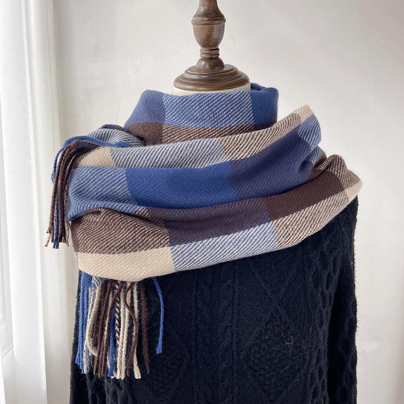 Large Plaid Scarf Women's Autumn and Winter New Imitation Cashmere Shawl Retro Fringed Couple Scarf