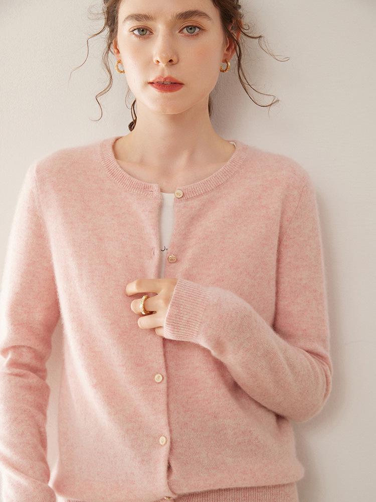 Women's Slim Fit Cashmere Cardigan - Round Neck, Lightweight, Loose Knit Sweater in Solid Color.