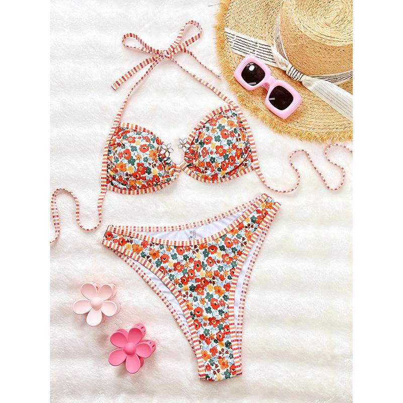 

Жіночий купальник бікіні з принтом, пуш-ап, з високим вирізом, з відкритою спиною, купальний костюм з зав язками на шиї, комплект з двох предметів L помаранчевий