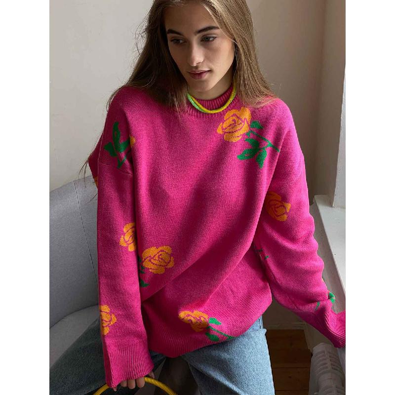 Cross-Border round Neck Rose Printed Sweater Sweater European and American Autumn and Winter New All-Matching Loose Pullover Sweater for Women
