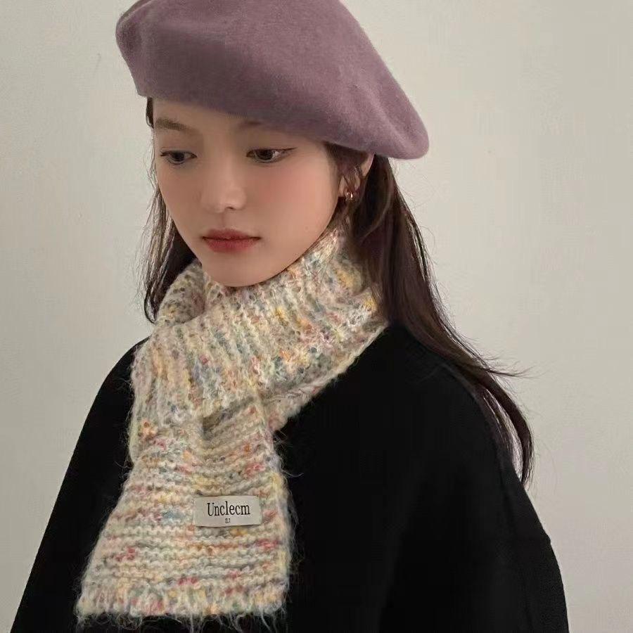Korean Style Woolen Scarf for Women New Style Rainbow Jelly Beans Autumn and Winter Student Warm Rainbow Knitted Simple Women's Scarf
