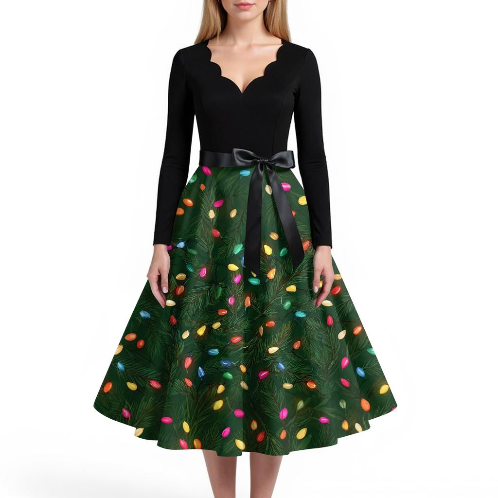 Damen Lässig Und Modisch V-Ausschnitt Langärmlig Weihnachten Bedrucktes Kleid