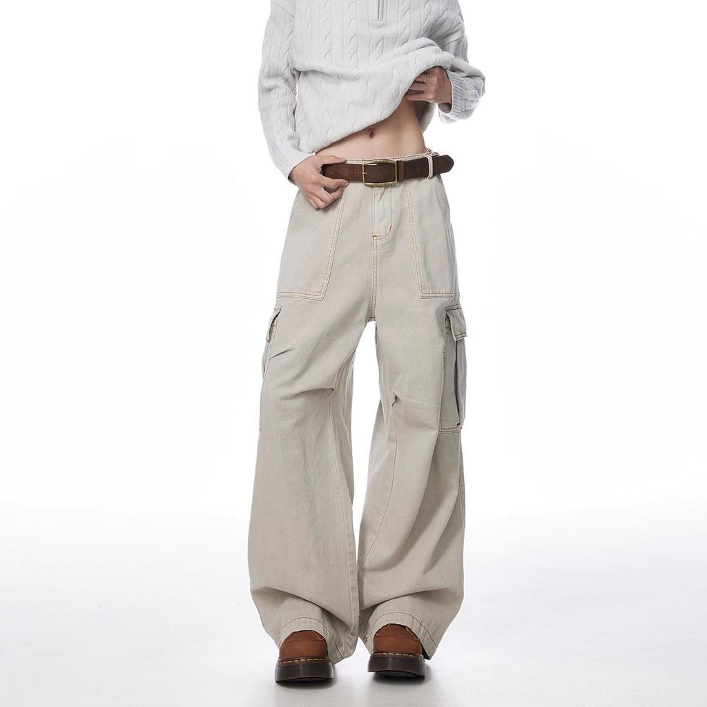Unisex Japanese Retro Pleated Work Pants: Autumn/Winter Trend, Multi-Pocket, Wide-Leg Casual High Street Style
