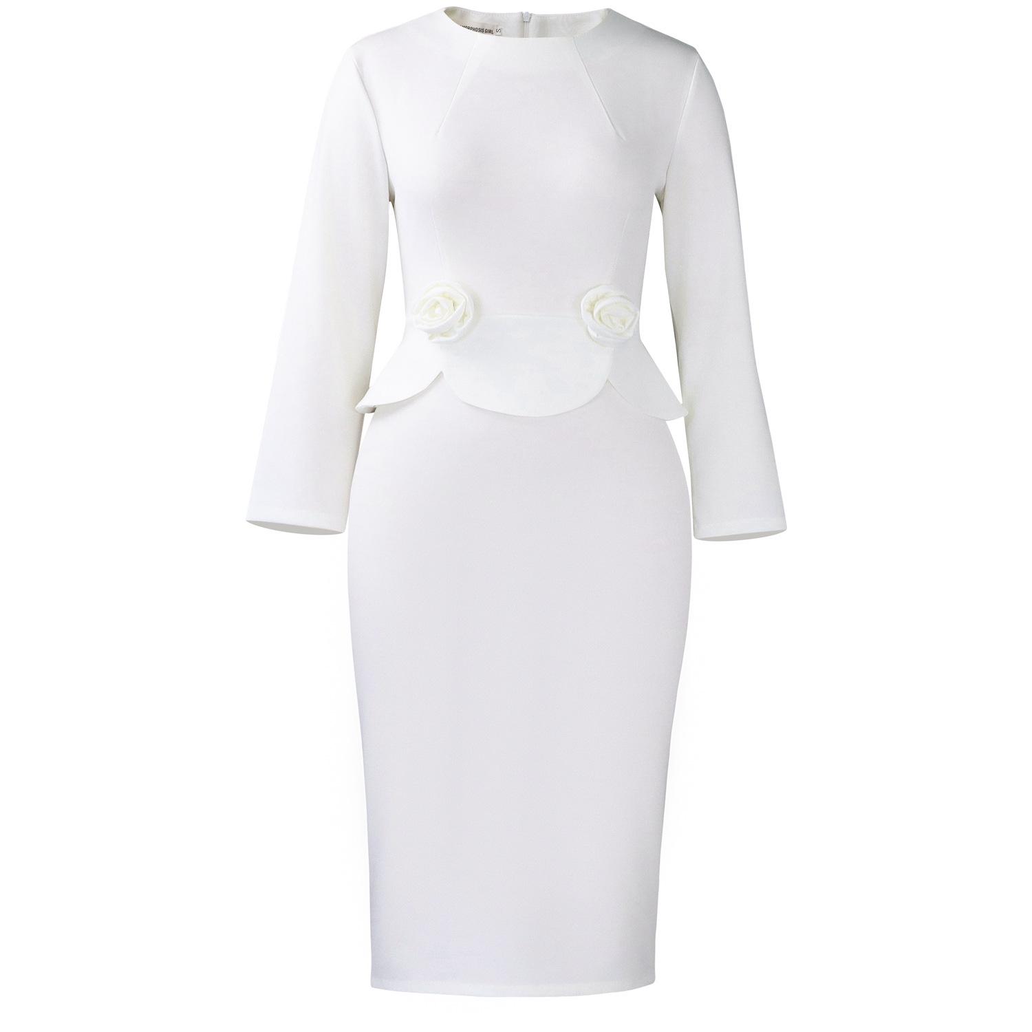 

Women s 2025 Autumn/Winter European & American Style 3D Floral Dress - Long Sleeve, Round Neck, Solid Color Small белый