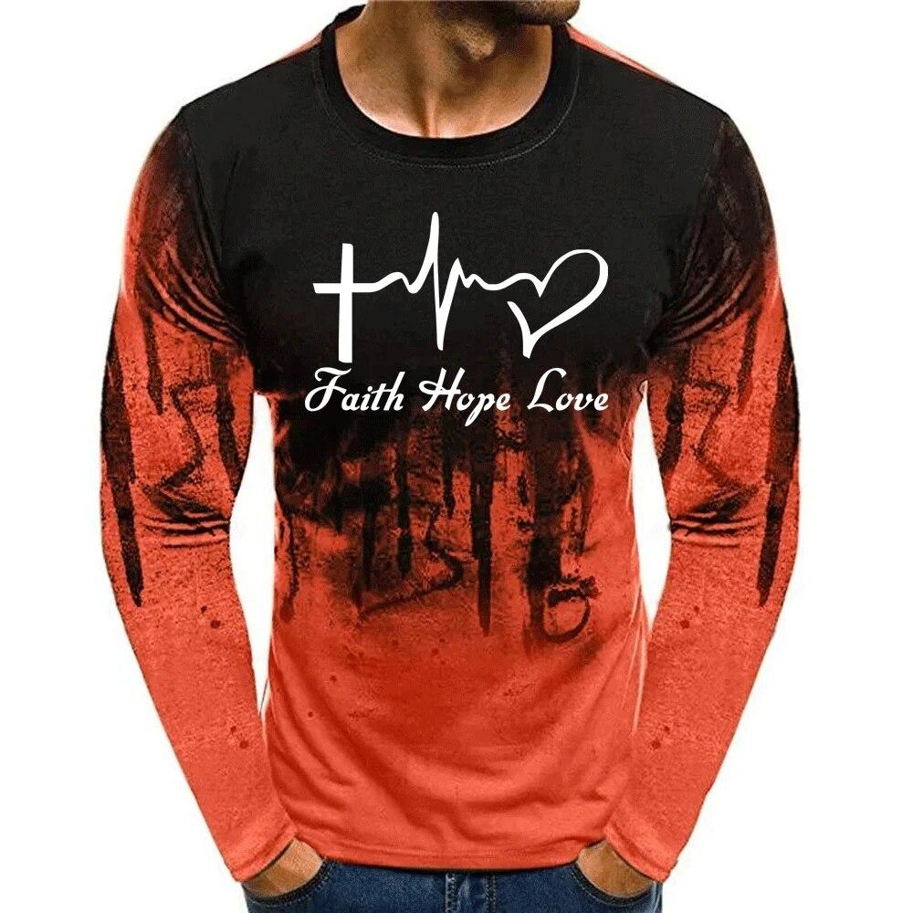 3D potisk Pánské tričko s dlouhým rukávem Faith Hope Love Jaro Podzim Ježíš Srdce Potisk O-neck Pullover Fashion Street Oversized topy