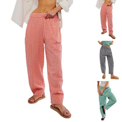 Women Plaid Print   Pants Wide Leg Mid  Elastic Waist Loose Casual Long Trousers With