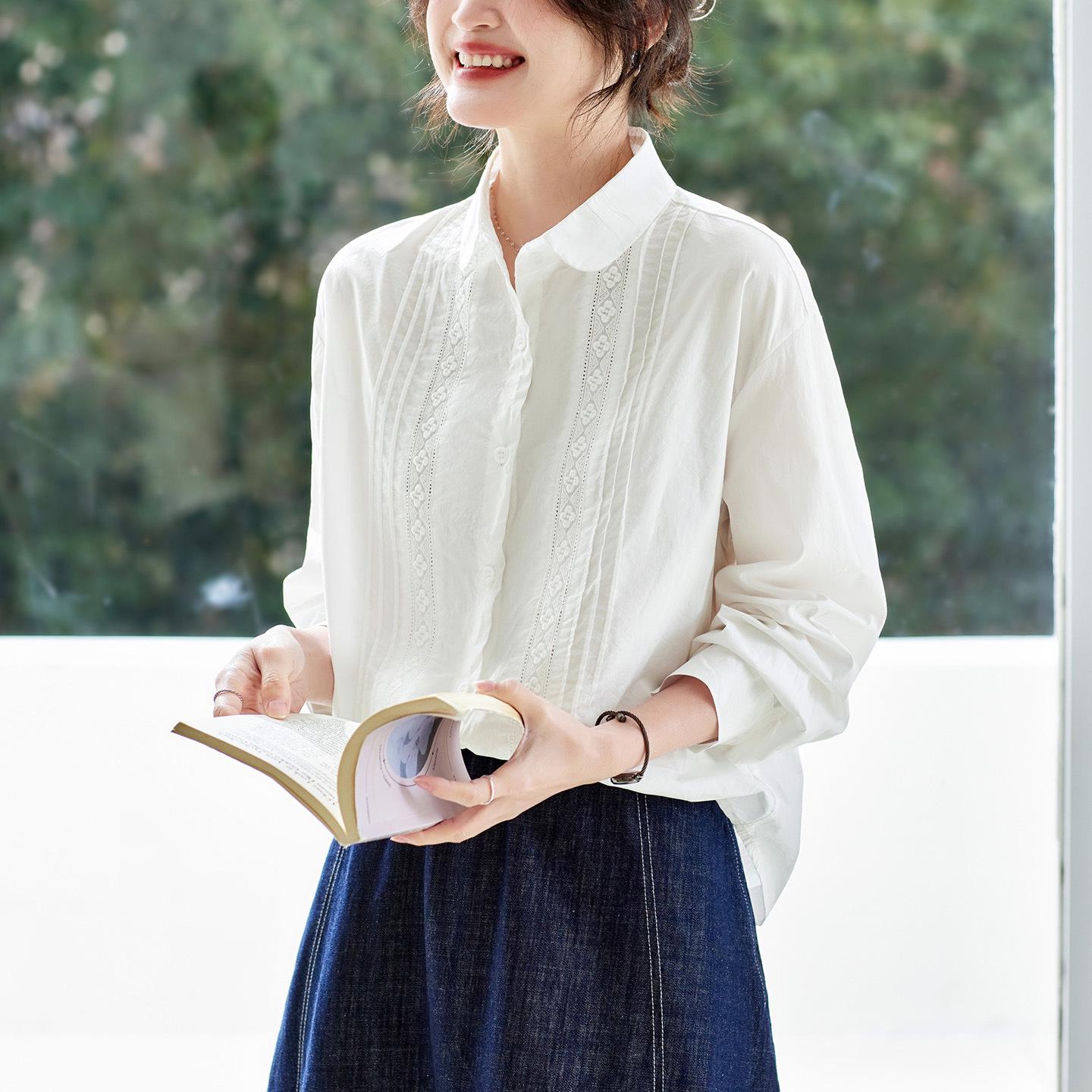 

Women s Pure Cotton White Lace Trim Long-Sleeve Shirt - New Spring 2026 Chinese Style Top L білий
