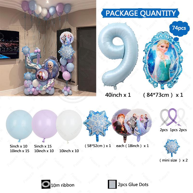 74pcs Frozen Princess Decoration Balloon Garland Arch Kit 40inch Blue Number Foil Balloon for Girl Birthday Party Favors Decor