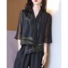 Women Faux Silk Vintage Embroidered Asymmetrical Blouses Spring Summer Elegant Chinese Style Design Cardigan Shirts
