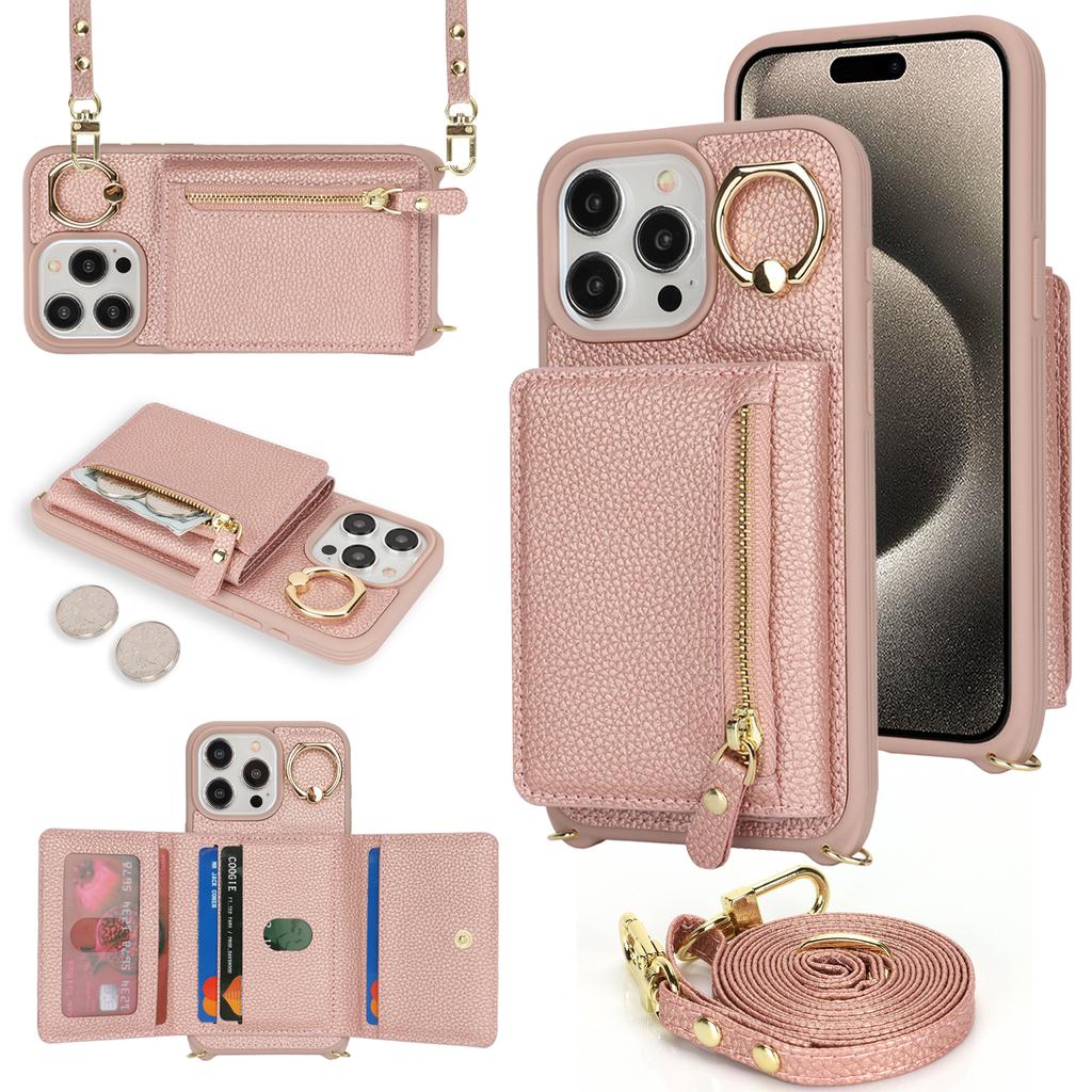 For iPhone 14 Pro Case Card Bag Ring Kickstand PU Leather+TPU Phone Cover with Shoulder Strap