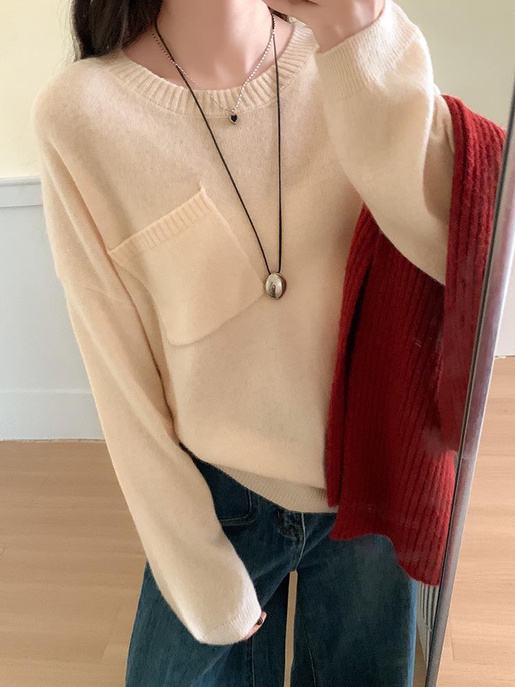 Liu Wen-inspired Women's Casual Loose Wool Sweater Pullover with Pockets - High-End Knitwear for 2025