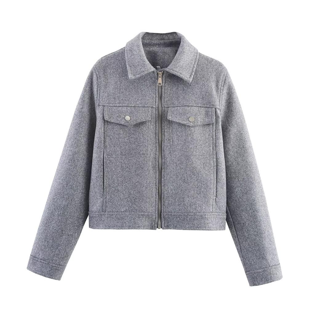 European and American Women's Clothing Autumn New Korean Commuter Style Versatile Soft Zipper Long-sleeved Short Woolen Jacket
