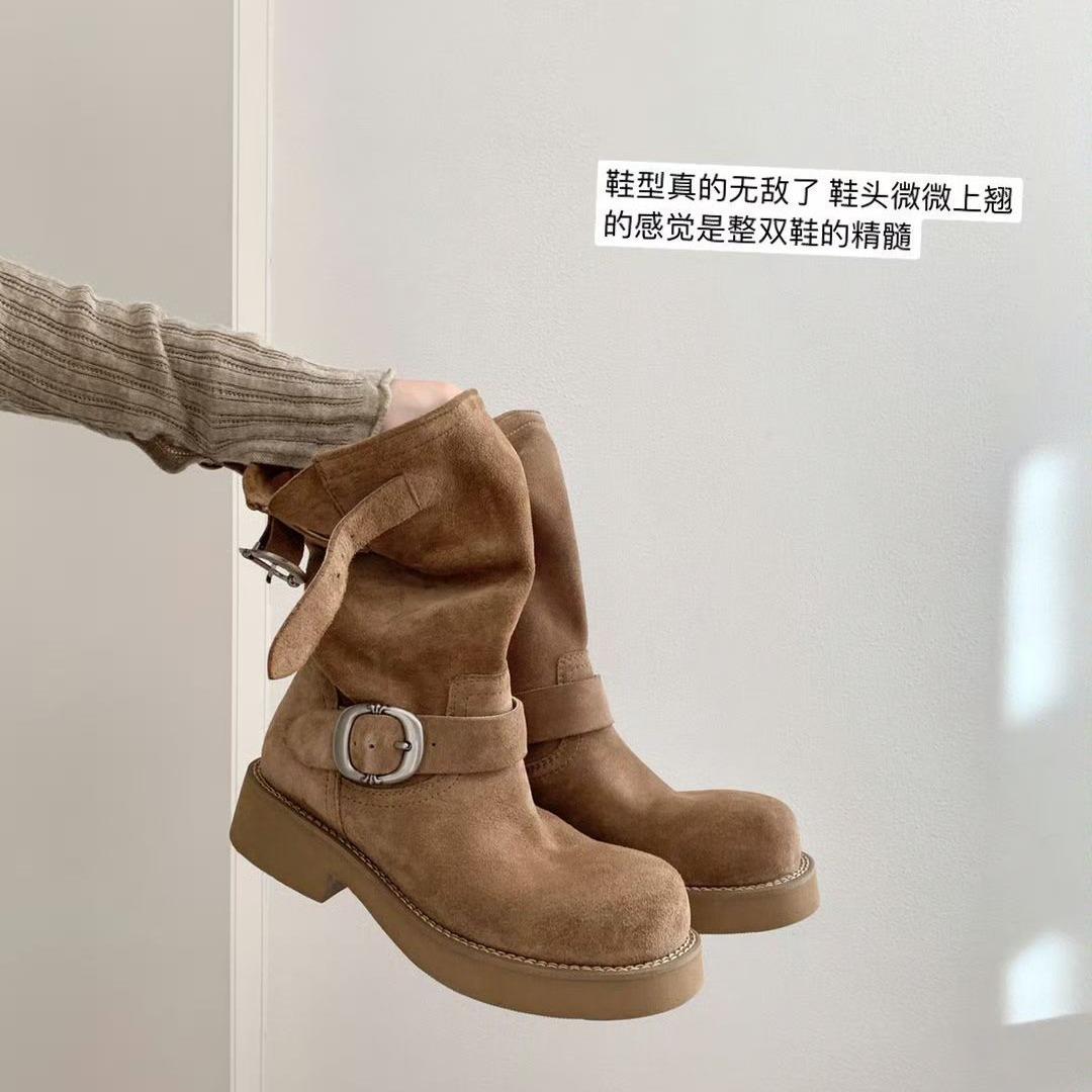 

Cowhide version grape mother same retro metal buckle western cowboy boots round head black locomotive boots women s pile short boots 40