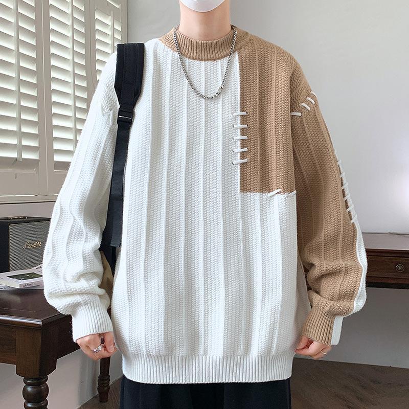 Hot-selling model, fashionable contrasting splicing sleeve, thickened crew neck sweater for men