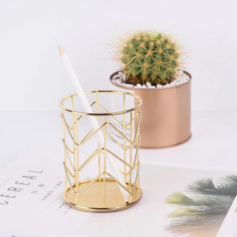 Golden Round Pen Holder for Office Supplies Multi-functional Iron Art Organizer Case Makeup Brush Holder Desktop Storage Boxes