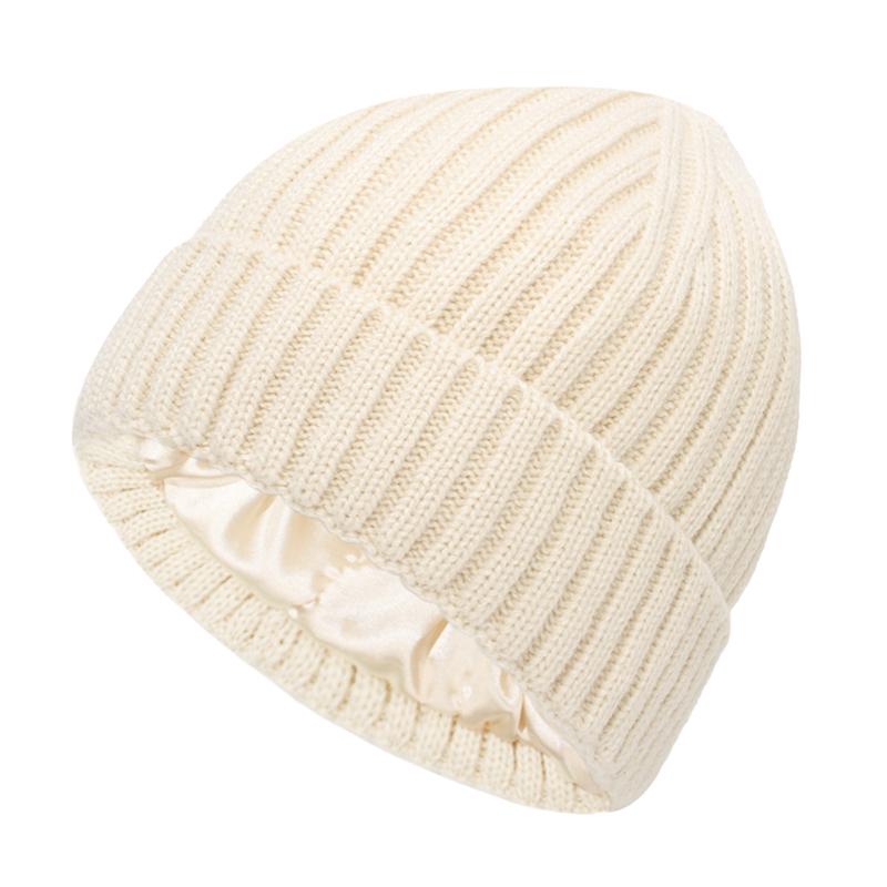 Winter Silk Satin Lined Beanie Hats Women Men Unisex Thick Chunky Cap Striped Warm Soft High Quality Cashmere Knitted Beanie Hat