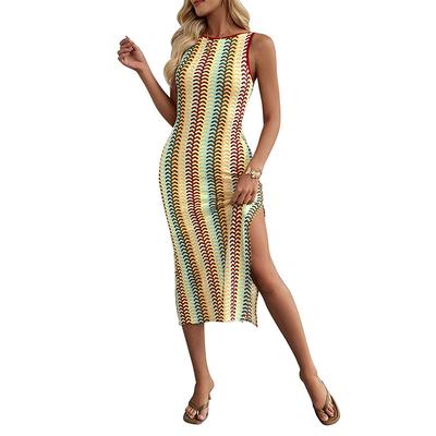 Sommer Neuer Stil Buntes Gestreiftes Gehäkeltes Rundhals-Weste Ärmelloses Enganliegendes Kleid für Damen
