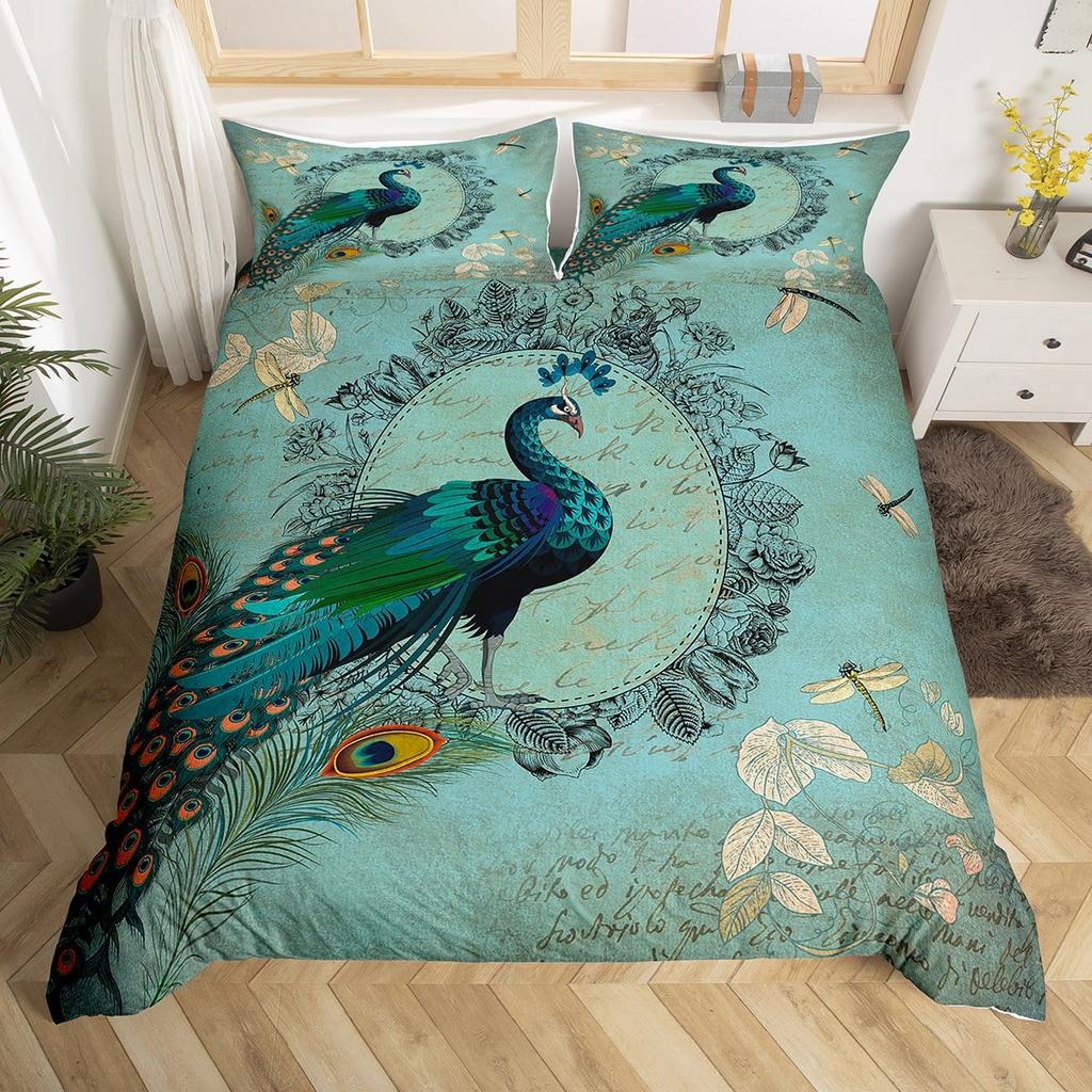 Peacock Soft Duvet Cover Set Quen Sized Dimensions Lovely Animal Theme Beding Set Print for Children's Adult Peoples plus Tens, Soft Warm plus