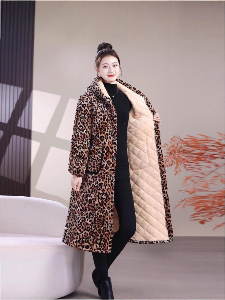 Women's Extra Long Flannel Hooded Jacket with Thick Fleece Padding for Winter Work and Home Wear