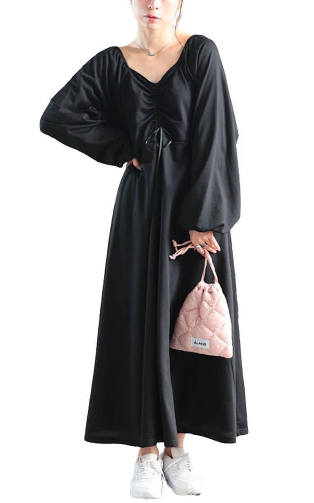 Gold Japan Plus Size Long Solid Perfect for and Size Black fem-615 Women's Dress, Sleeves, Flared, Drawstring, Ribbon, Color, Stretch, Fall, Winter,